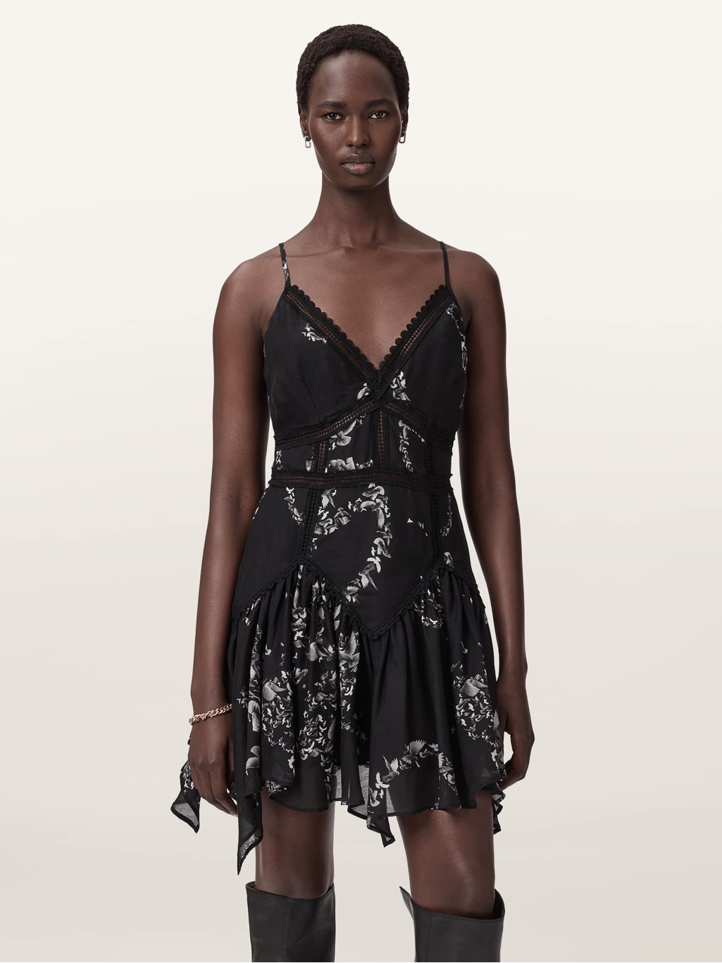 Allsaints Black Floral Lace-Trim Slip Mini Dress